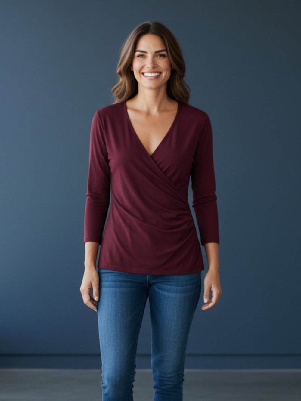 Women's Wrap-Front Long Sleeve Top in Burgundy